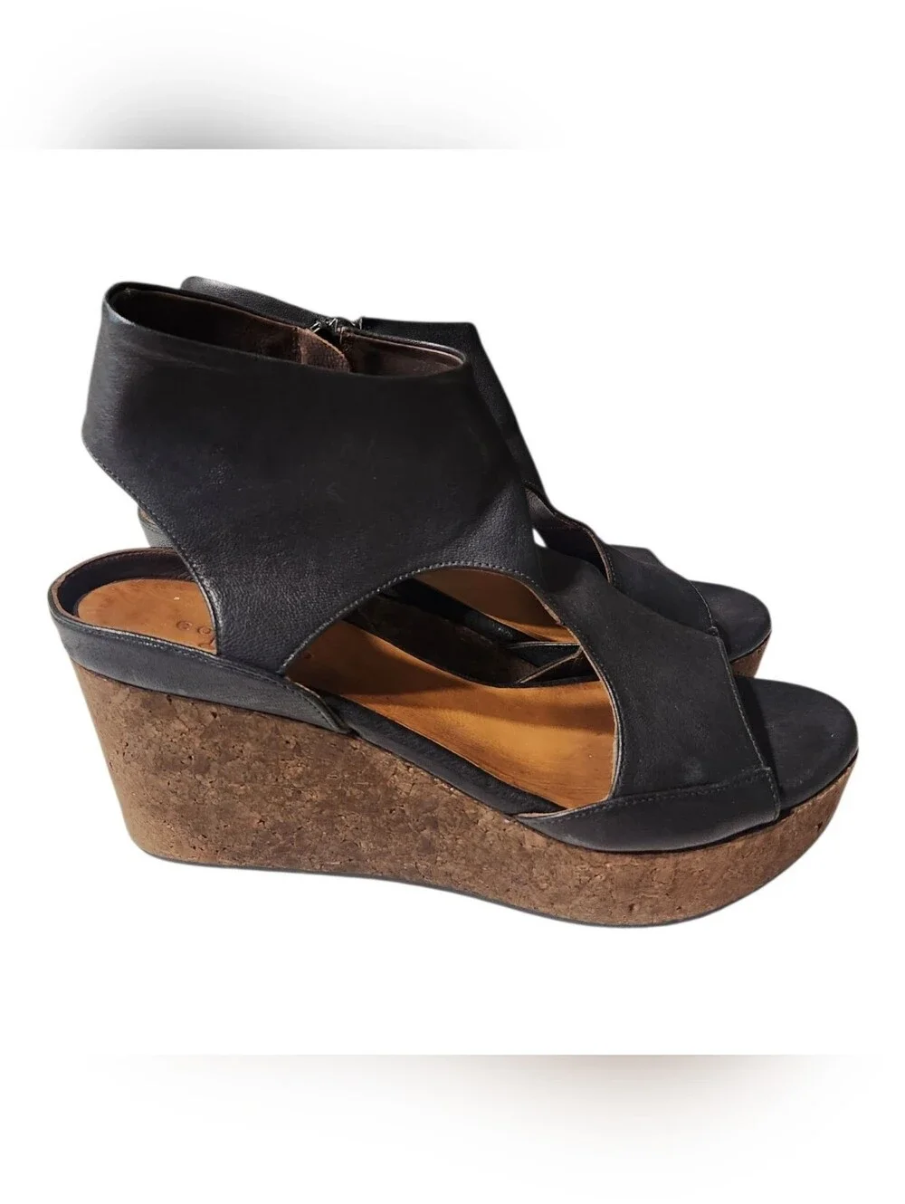Coclico Italian Leather Black Cork Wedge Sandals – Handmade in Spain Size 40
